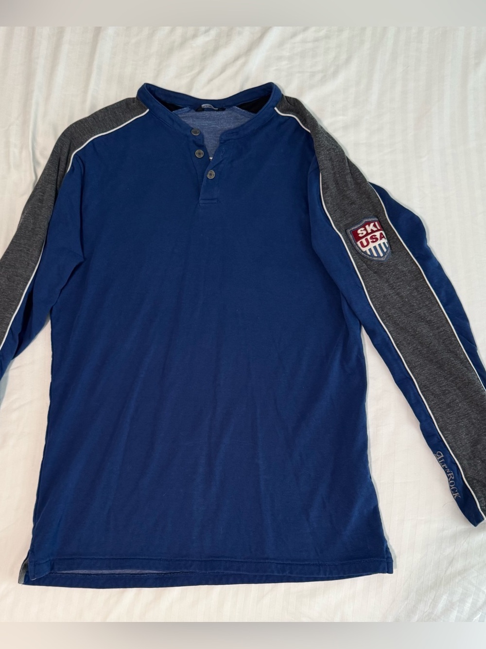 Alp N Rock Blue Henley Ski USA Patch Long Sleeve Shirt